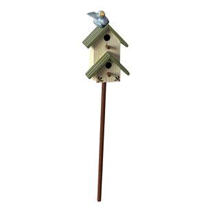 Decorative Mini Birdhouse Garden Stake Decor with Blue Bird on Top Cottage Core